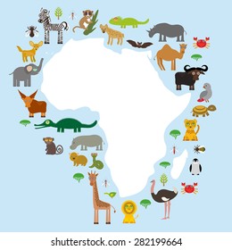 Animal Africa: parrot Hyena Rhinoceros Zebra Hippopotamus Crocodile Turtle Elephant Mamba snake camel mosquito tsetse ostrich lemur Chameleon Monkey Fenech Leo Leopard Giraffe buffalo Penguin. Vector 