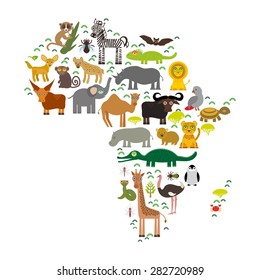 Animal Africa: parrot Hyena Rhinoceros Zebra Hippopotamus Crocodile Turtle Elephant Mamba snake camel mosquito tsetse ostrich lemur Chameleon Monkey Fennec Leo Leopard Giraffe buffalo Penguin. Vector