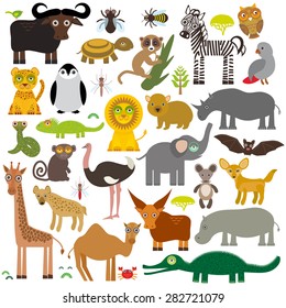 Animal Africa parrot Hyena Rhinoceros Zebra Hippopotamus Crocodile Turtle Elephant Mamba snake camel mosquito tsetse ostrich lemur Chameleon Monkey Fennec fox Leopard Giraffe buffalo Penguin Vector