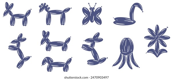 Animal Air Balloon vector Y2K icon Set. Collection Future Dusk Animal on white background. Isolated 3D trend retro style illustration icon Set of Balloon Air for web Design.