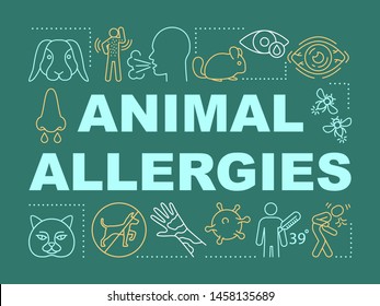 Animal allergies word concepts banner. Allergic reaction to insect stings, pets fur, saliva, dander. Presentation, website. Isolated lettering typography idea with icons. Vector outline illustration