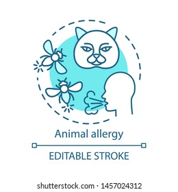 Animal allergy concept icon. Allergic reaction to insect stings, cats fur, saliva and dander. Pet allergens sensitivity idea thin line illustration. Vector isolated outline drawing. Editable stroke