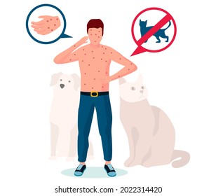 Animal allergy. Man suffering from rash, hives, eczema, itchy skin, flat vector illustration. Allergic dermatitis. Pet allergy symptoms and treatment.