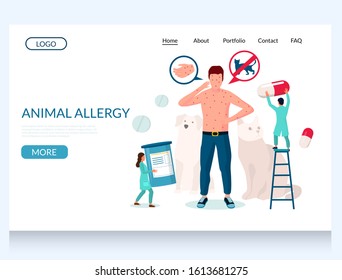 Animal allergy vector website template, web page and landing page design for website and mobile site development. Man suffering from rash, hives, eczema. Pet allergy skin symptoms diagnosis treatment.