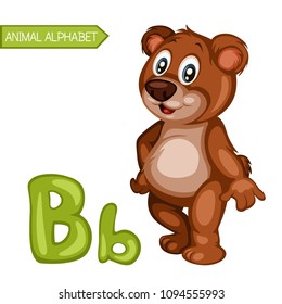 Animal Alphabet. B is for Bear. Vector Illustration of a Happy Bear. Cute Cartoon Bear Isolated on a White Background. Happy Animals Set
