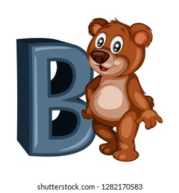 Animal Alphabet. B is for Bear. Vector Illustration of a Happy Bear. Cute Cartoon Bear Isolated on a White Background. Happy Animals Set