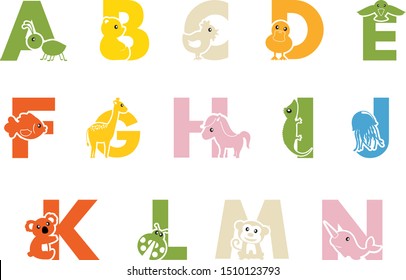 Animal alphabet. For the baby room, nursery room, bedroom, playground. Graphic design lifestyle, vector for print, banner, design, poster, interior, wall decals, sticker.