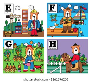 Animal alphabet, bear career set with engineer, fisherman, gardener, and horse rider, illustration, vector