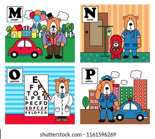 Animal alphabet, bear career set with mayor, nurse, optician, and police, illustration, vector