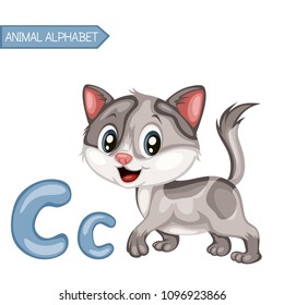 Animal Alphabet. C is for Cat. Vector Illustration of a Happy Cat. Cute Cartoon Cat Isolated on a White Background. Happy Animals Set