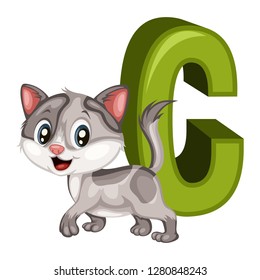 Animal Alphabet. C is for Cat. Vector Illustration of a Happy Cat. Cute Cartoon Cat Isolated on a White Background. Happy Animals Set