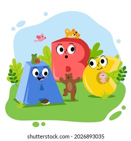 Animal alphabet from A to C with uppercase letter. alligators, bear, cat, rabbit, bird funny in nature park Cartoon.  Vector Illustration for Children.