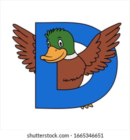animal alphabet. capital letter D, Duck. Vector illustration. For pre school education, kindergarten and foreign language learning for kids and children. For print and books, zoo topic.