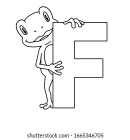 animal alphabet. capital letter F, Frog. Vector illustration. For pre school education, kindergarten and foreign language learning for kids and children. Coloring page and books, zoo topic.