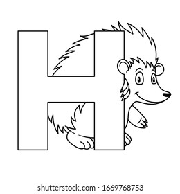 animal alphabet. capital letter H, hedgehog. Vector illustration. For pre school education, kindergarten and foreign language learning for kids and children. Coloring page and books, zoo topic.