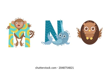 Animal Alphabet Capital Letter with Monkey and Narwal Vector Set