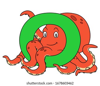 animal alphabet. capital letter O, Octopus. Vector illustration. For pre school education, kindergarten and foreign language learning for kids and children. For print and books, zoo topic.