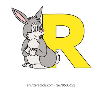 animal alphabet. capital letter R, Rabbit. Vector illustration. For pre school education, kindergarten and foreign language learning for kids and children. For print and books, zoo topic.