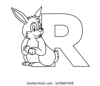 animal alphabet. capital letter R, Rabbit. Vector illustration. For pre school education, kindergarten and foreign language learning for kids and children. Coloring page and books, zoo topic.