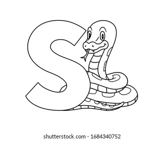 Animal alphabet. capital letter S, Snake. Vector illustration. For pre school education, kindergarten and foreign language learning for kids and children. Coloring page and books, zoo topic.