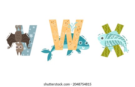 Animal Alphabet Capital Letter with Vampire Bat and Whale Vector Set