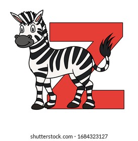 Animal alphabet. capital letter Z, Zebra. Vector illustration. For pre school education, kindergarten and foreign language learning for kids and children. For print and books, zoo topic.