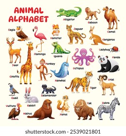 Animal alphabet chart with cartoon animals from A to Z including alligator, eagle, giraffe, and zebra. Vector illustration