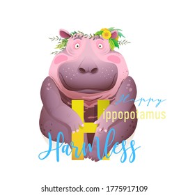 Animal alphabet for children, letter H is for Hippopotamus. Cute happy hippo representing letter H, wearing flowers wreath. beautiful 3d realistic ABC collection for kids. Vector cartoon illustration.
