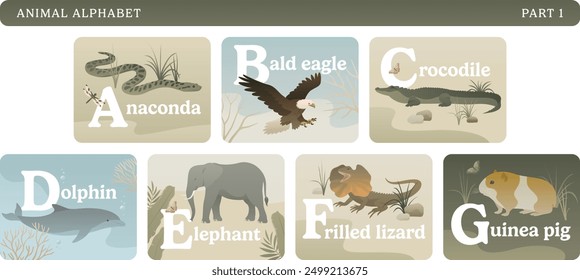 Animal alphabet colorful card set. Educational English learning illustrations. ABC with wild animals, nature, letters and flora elements. Part 1.