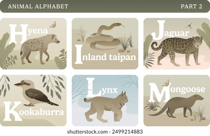 Animal alphabet colorful card set. Educational English learning illustrations. ABC with wild animals, nature, letters and flora elements. Part 2.