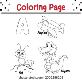 Animal alphabet coloring book illustration with outlined graphics to color. alphabet coloring page letters A