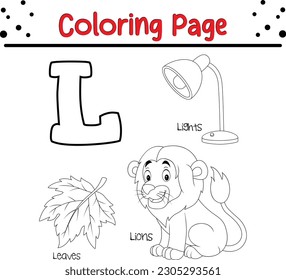 Animal alphabet coloring book illustration with outlined graphics to color. alphabet coloring page letters L