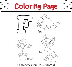 Animal alphabet coloring book illustration with outlined graphics to color. alphabet coloring page letters F