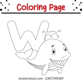 Animal alphabet coloring book illustration with outlined graphics to color. alphabet coloring page letters Whale