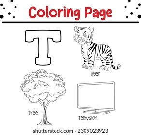 Animal alphabet coloring book illustration with outlined graphics to color. alphabet coloring page letters T