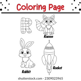 Animal alphabet coloring book illustration with outlined graphics to color. alphabet coloring page letters R