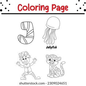 Animal alphabet coloring book illustration with outlined graphics to color. alphabet coloring page letters J