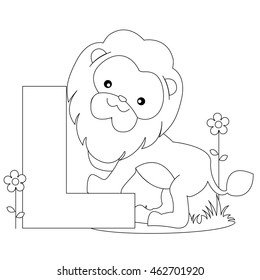 Animal alphabet coloring book illustration with outlined graphics to color