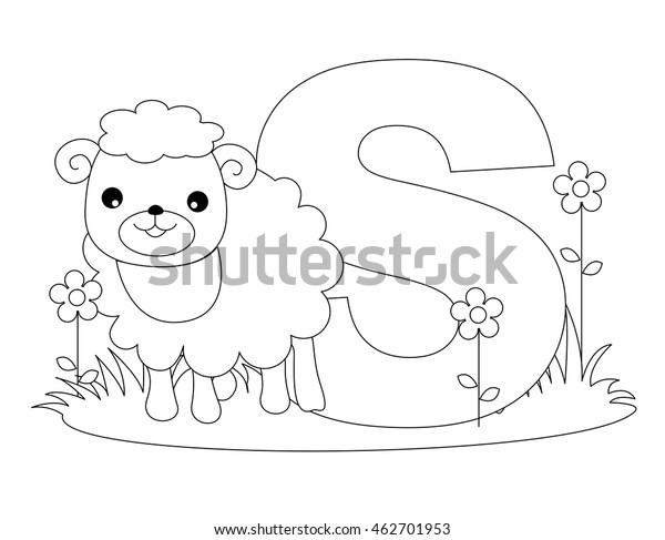 Animal alphabet coloring book illustration with outlined graphics to color