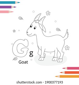 Animal alphabet coloring book page for kids. Vector illustration. Hand drawn.