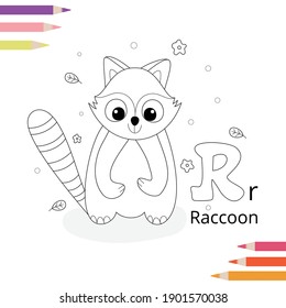 Animal alphabet coloring book page for kids. Vector illustration. Hand drawn.