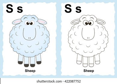 Animal alphabet. Alphabet coloring book page with outline clip art to color. Letter S
