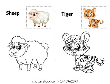 Animal Alphabet Coloring Book for Preschool Kids with Stickers. Colorful and Colorless Versions of Sheep  and Tiger on A4 Paper. Ready for Print. Kids Activity Educational Printable. Alphabet Book