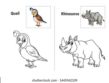 Animal Alphabet Coloring Book for Preschool Kids with Stickers. Colorful and Colorless Versions of Quail  and Rhino on A4 Paper. Ready for Print. Kids Activity Educational Printable. Alphabet Book