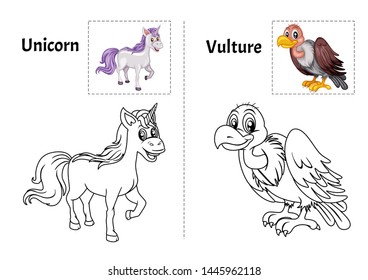 Animal Alphabet Coloring Book for Preschool Kids with Stickers. Colorful and Colorless Versions of Unicorn and Vulture on A4 Paper. Ready for Print. Kids Activity Educational Printable. Alphabet Book