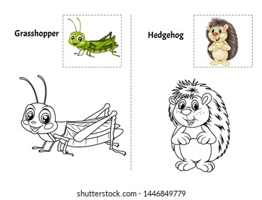 Animal Alphabet Coloring Book for Preschool Kids with Stickers. Colorful and Colorless Versions of Grasshopper and Hedgehog on A4 Paper. Ready for Print. Kids Activity Educational Printable