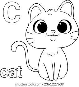 Animal alphabet coloring page for kid,C.vector isolated on white background.