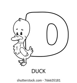animal alphabet coloring page. Vector illustration of educational alphabet coloring page with cartoon character for kids