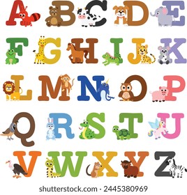 Animal Alphabet decorative collection.Vector illustration.Cartoon animals ABC education for kids