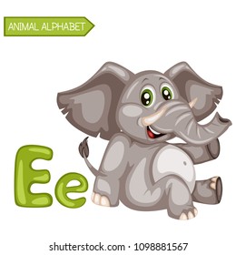 Animal Alphabet. E is for Elephant. Vector Illustration of a Happy Elephant. Cute Cartoon Elephant Isolated on a White Background. Happy Animals Set